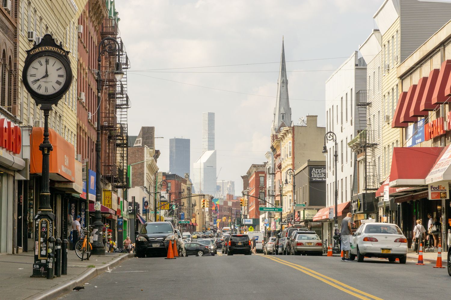 Street in Greenpoint Brooklyn with an Old Street Clock and Church